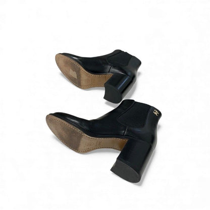 Chanel Boots Short Boots Shoes Leather Black Here Mark Side Gore