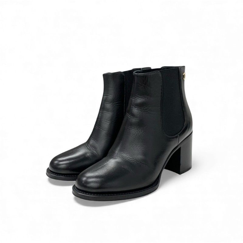 Chanel Boots Short Boots Shoes Leather Black Here Mark Side Gore