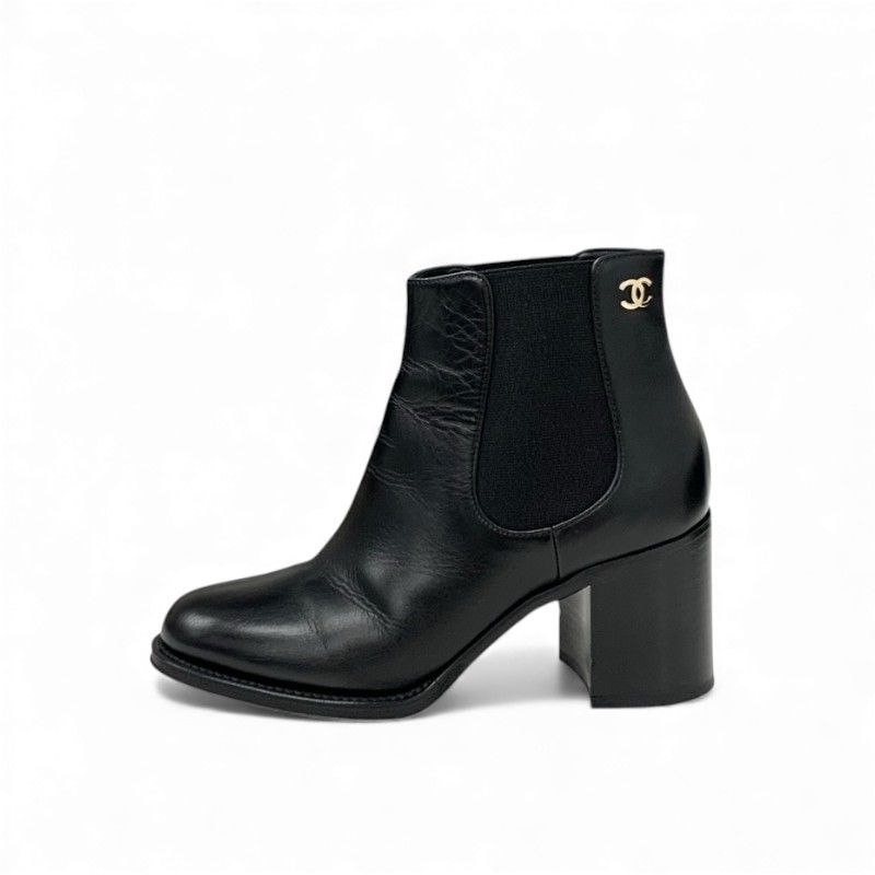 Chanel Boots Short Boots Shoes Leather Black Here Mark Side Gore