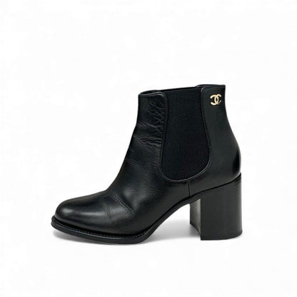 Chanel Boots Short Boots Shoes Leather Black Here Mark Side Gore