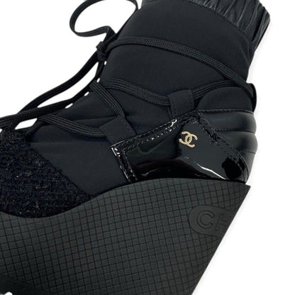 Chanel Boots Short Boots Shoes Fabric Leather Patent Black Gold Here Mark Logo