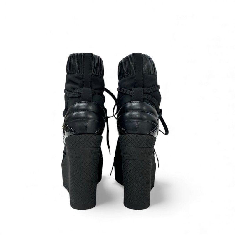 Chanel Boots Short Boots Shoes Fabric Leather Patent Black Gold Here Mark Logo