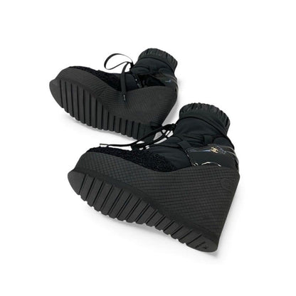 Chanel Boots Short Boots Shoes Fabric Leather Patent Black Gold Here Mark Logo