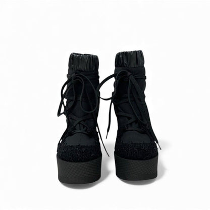 Chanel Boots Short Boots Shoes Fabric Leather Patent Black Gold Here Mark Logo