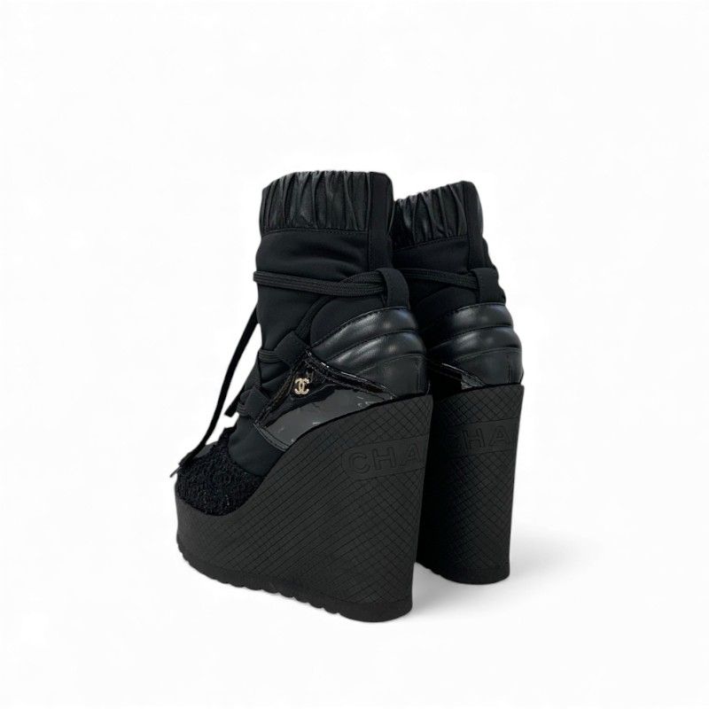 Chanel Boots Short Boots Shoes Fabric Leather Patent Black Gold Here Mark Logo