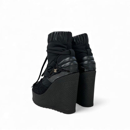 Chanel Boots Short Boots Shoes Fabric Leather Patent Black Gold Here Mark Logo