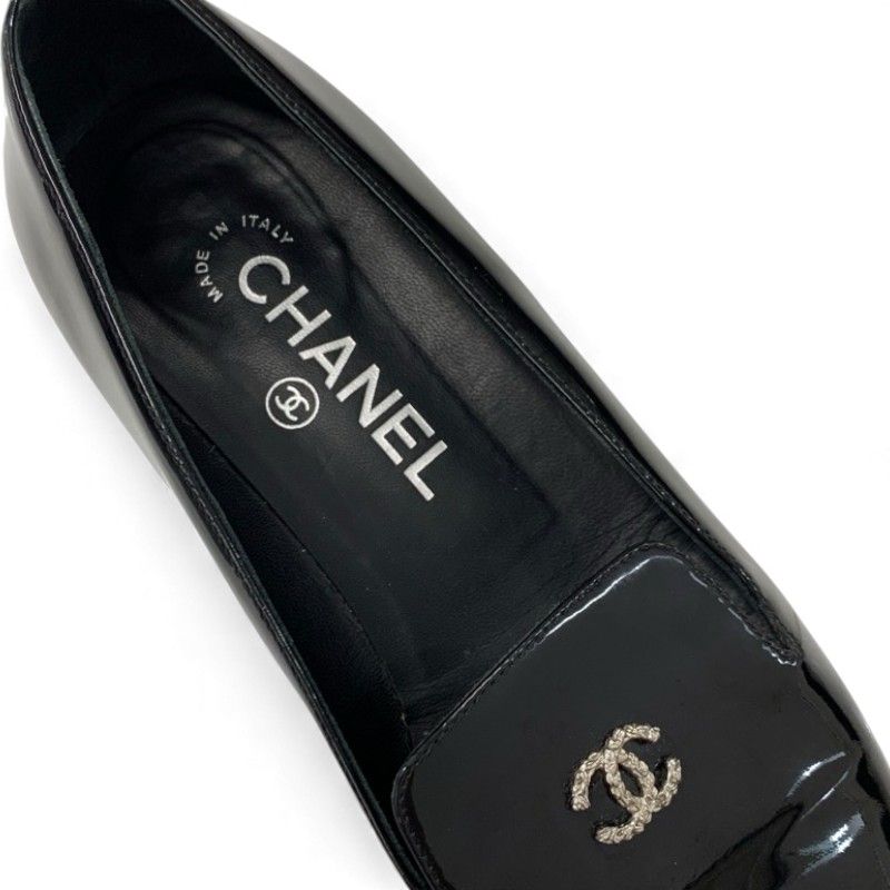 Chanel Flat Shoes Leather Black Coco Mark Pearl Opera Shoes