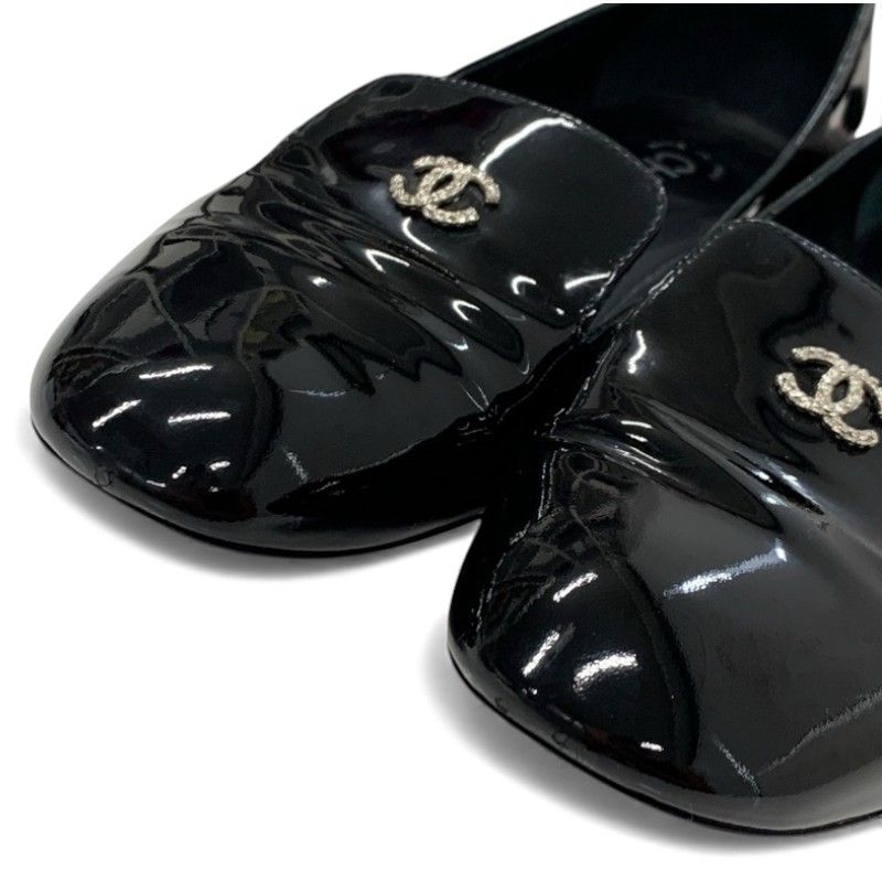 Chanel Flat Shoes Leather Black Coco Mark Pearl Opera Shoes