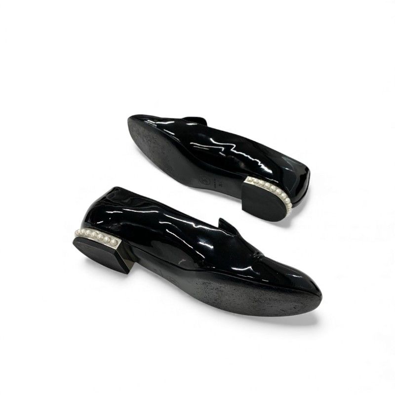 Chanel Flat Shoes Leather Black Coco Mark Pearl Opera Shoes