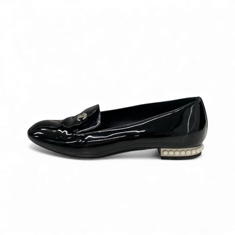 Chanel Flat Shoes Leather Black Coco Mark Pearl Opera Shoes