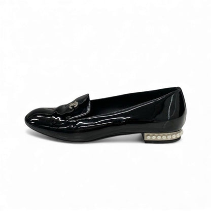 Chanel Flat Shoes Leather Black Coco Mark Pearl Opera Shoes