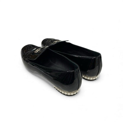 Chanel Flat Shoes Leather Black Coco Mark Pearl Opera Shoes