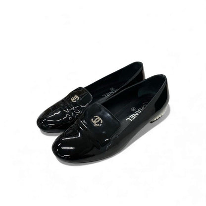Chanel Flat Shoes Leather Black Coco Mark Pearl Opera Shoes