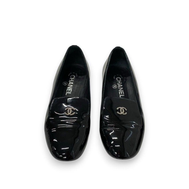Chanel Flat Shoes Leather Black Coco Mark Pearl Opera Shoes