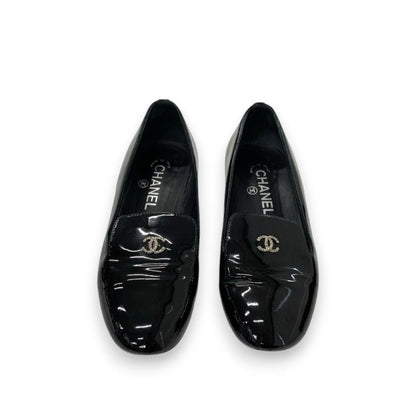 Chanel Flat Shoes Leather Black Coco Mark Pearl Opera Shoes