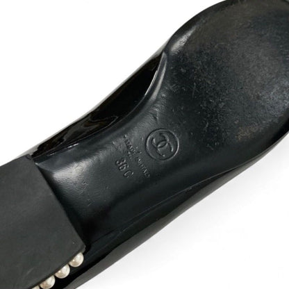 Chanel Flat Shoes Leather Black Coco Mark Pearl Opera Shoes