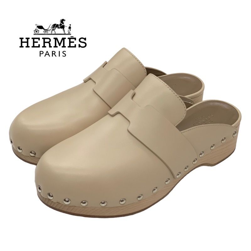 Hermes Karya Sandals Mule Shoes Studs Leather Wood Beige