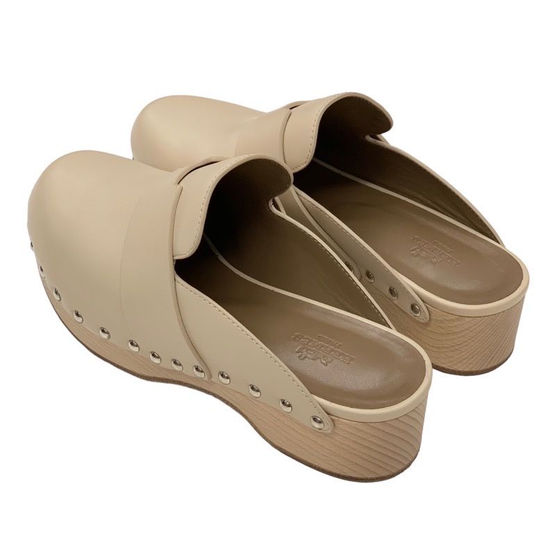 Hermes Karya Sandals Mule Shoes Studs Leather Wood Beige