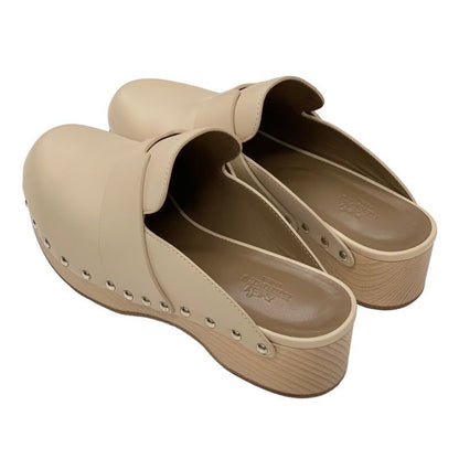 Hermes Karya Sandals Mule Shoes Studs Leather Wood Beige