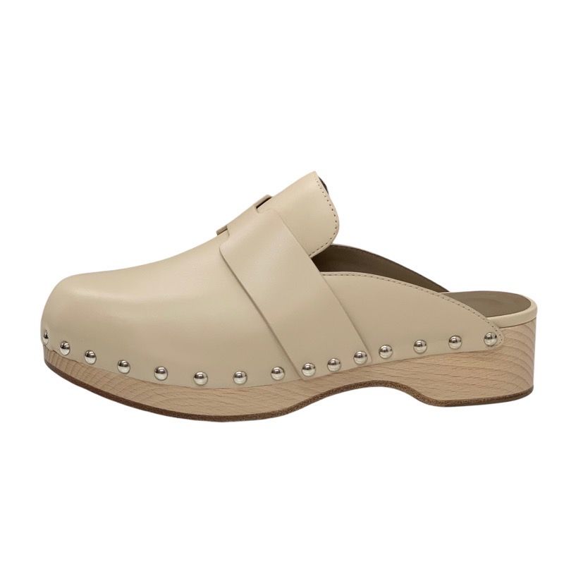Hermes Karya Sandals Mule Shoes Studs Leather Wood Beige