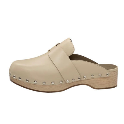 Hermes Karya Sandals Mule Shoes Studs Leather Wood Beige