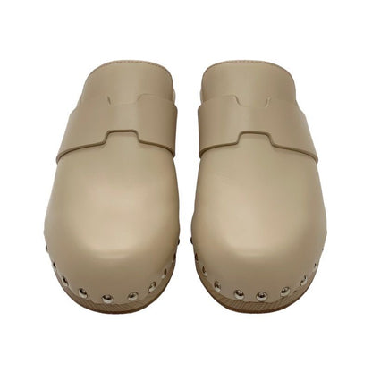 Hermes Karya Sandals Mule Shoes Studs Leather Wood Beige