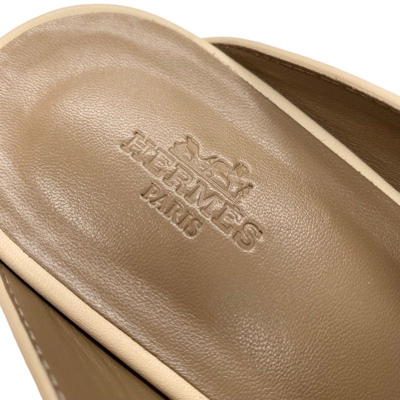 Hermes Karya Sandals Mule Shoes Studs Leather Wood Beige