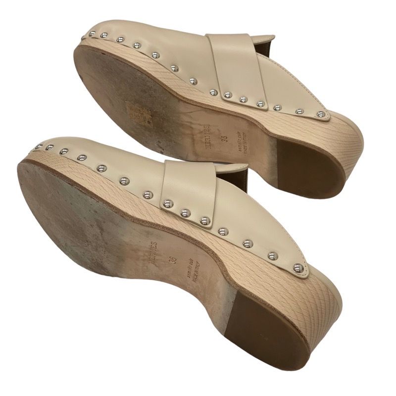 Hermes Karya Sandals Mule Shoes Studs Leather Wood Beige