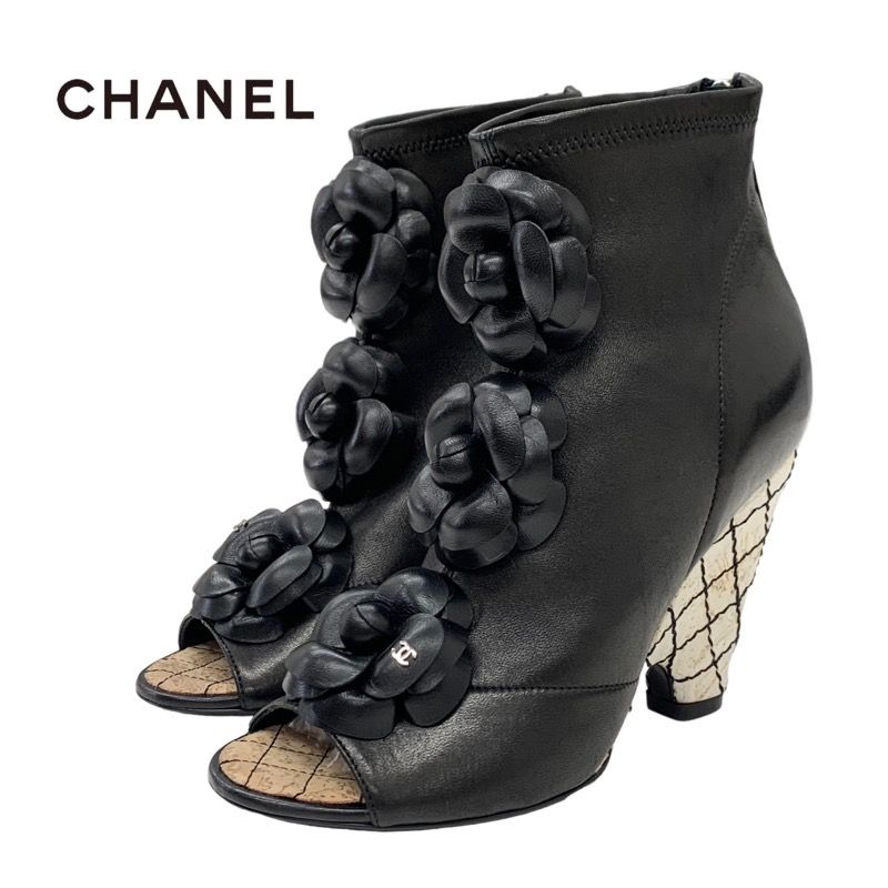 Chanel Boots Short Boots Shoes Leather Black Camellia Here Mark