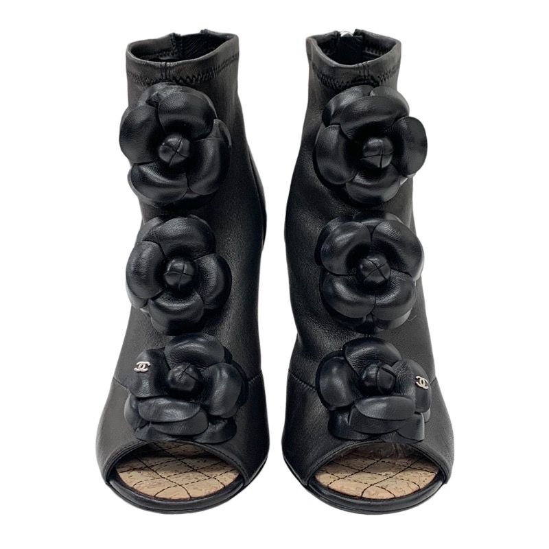 Chanel Boots Short Boots Shoes Leather Black Camellia Here Mark