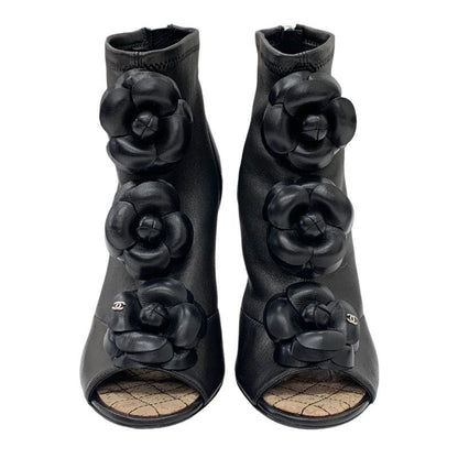 Chanel Boots Short Boots Shoes Leather Black Camellia Here Mark
