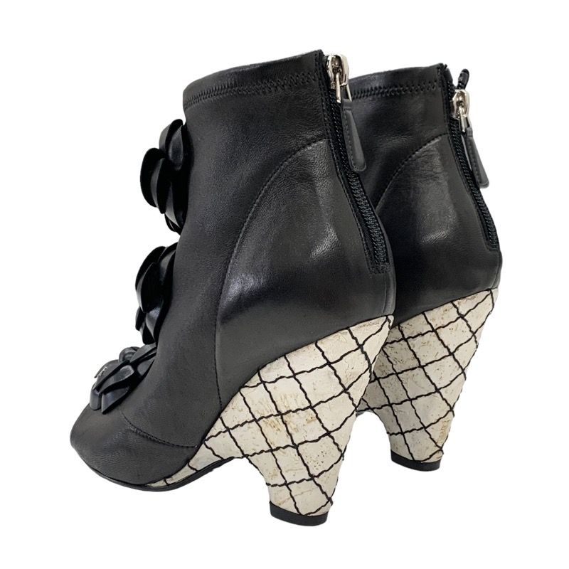 Chanel Boots Short Boots Shoes Leather Black Camellia Here Mark