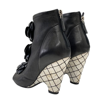 Chanel Boots Short Boots Shoes Leather Black Camellia Here Mark