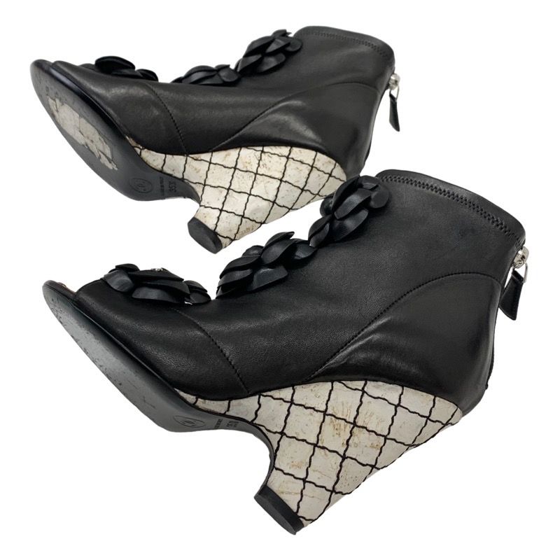 Chanel Boots Short Boots Shoes Leather Black Camellia Here Mark