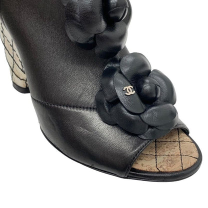 Chanel Boots Short Boots Shoes Leather Black Camellia Here Mark