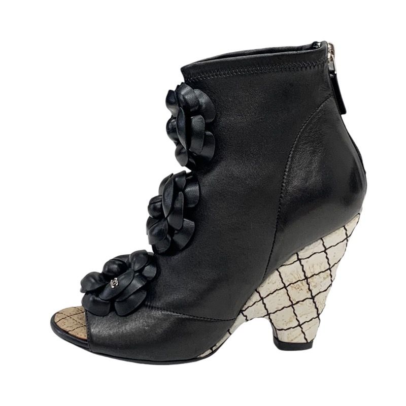 Chanel Boots Short Boots Shoes Leather Black Camellia Here Mark