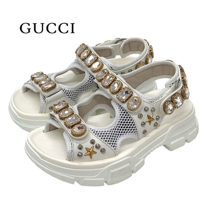 Gucci Sandals Shoes Mesh Leather White Gold Silver Unused Sports Sandals Flat