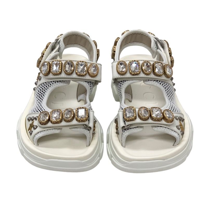 Gucci Sandals Shoes Mesh Leather White Gold Silver Unused Sports Sandals Flat