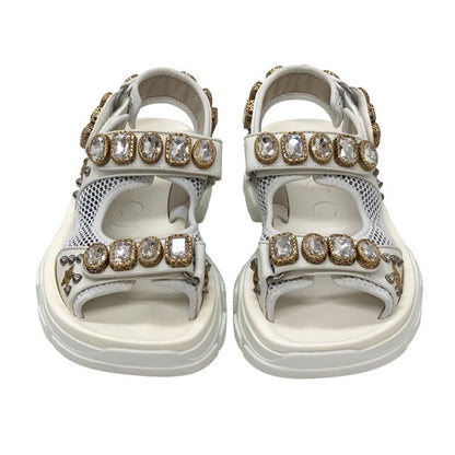 Gucci Sandals Shoes Mesh Leather White Gold Silver Unused Sports Sandals Flat