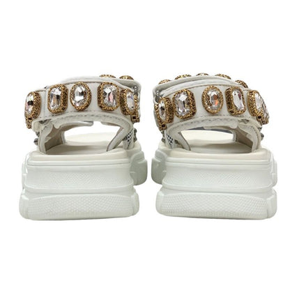 Gucci Sandals Shoes Mesh Leather White Gold Silver Unused Sports Sandals Flat