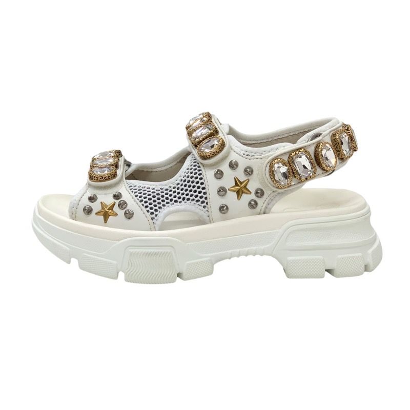 Gucci Sandals Shoes Mesh Leather White Gold Silver Unused Sports Sandals Flat