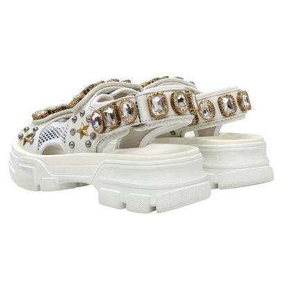 Gucci Sandals Shoes Mesh Leather White Gold Silver Unused Sports Sandals Flat