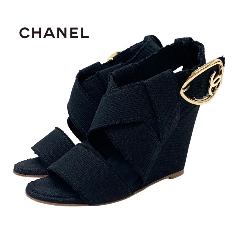 Chanel Sandals Shoes Canvas Black Gold Here Mark Wedge Sole