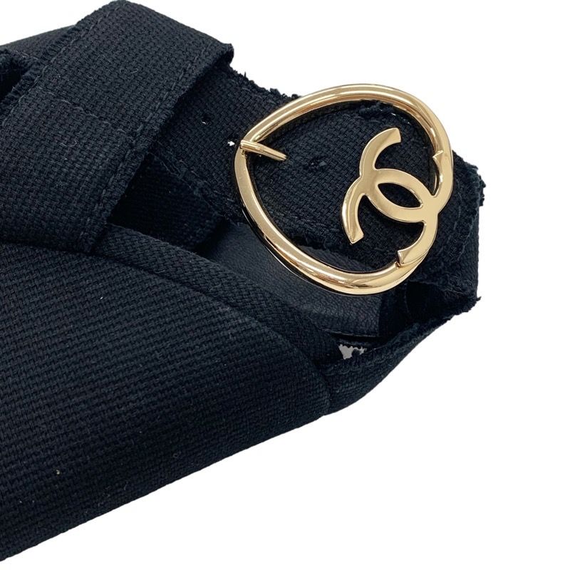 Chanel Sandals Shoes Canvas Black Gold Here Mark Wedge Sole