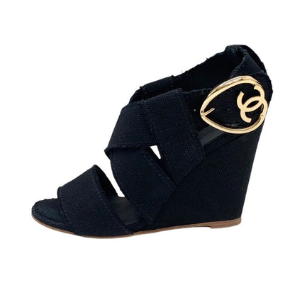 Chanel Sandals Shoes Canvas Black Gold Here Mark Wedge Sole