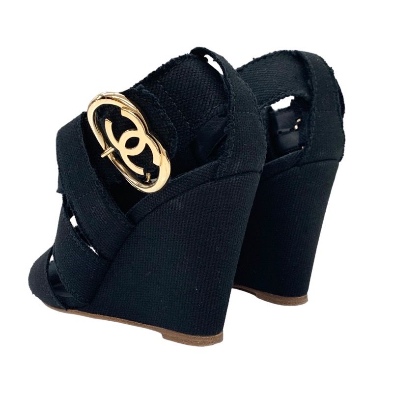Chanel Sandals Shoes Canvas Black Gold Here Mark Wedge Sole