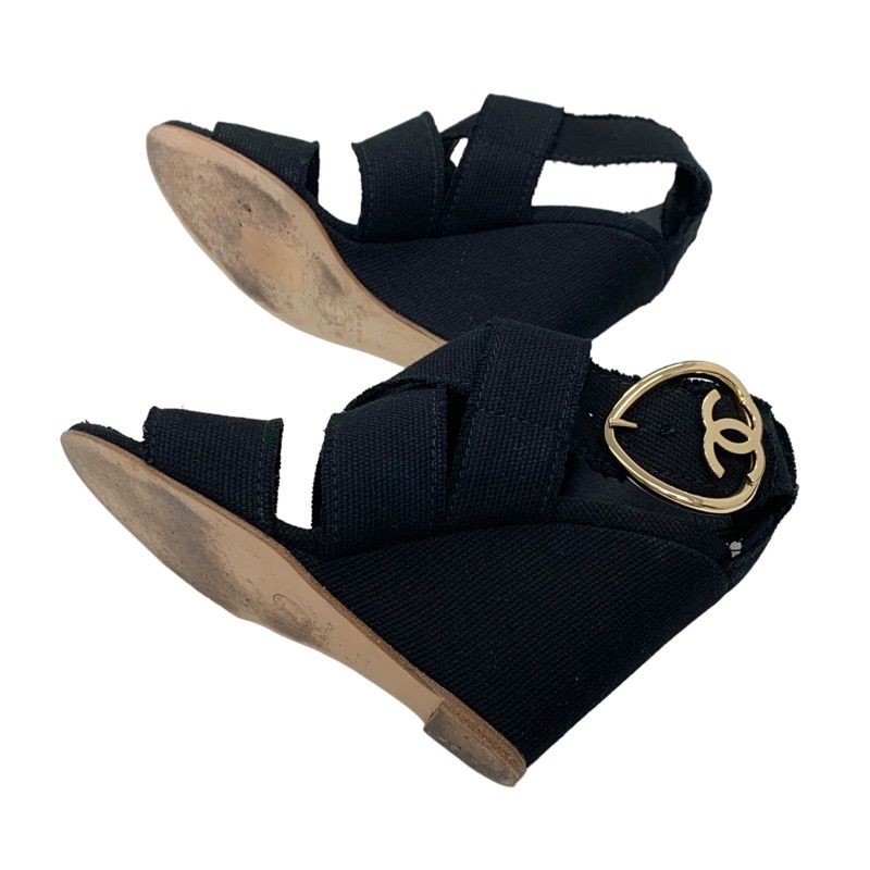 Chanel Sandals Shoes Canvas Black Gold Here Mark Wedge Sole