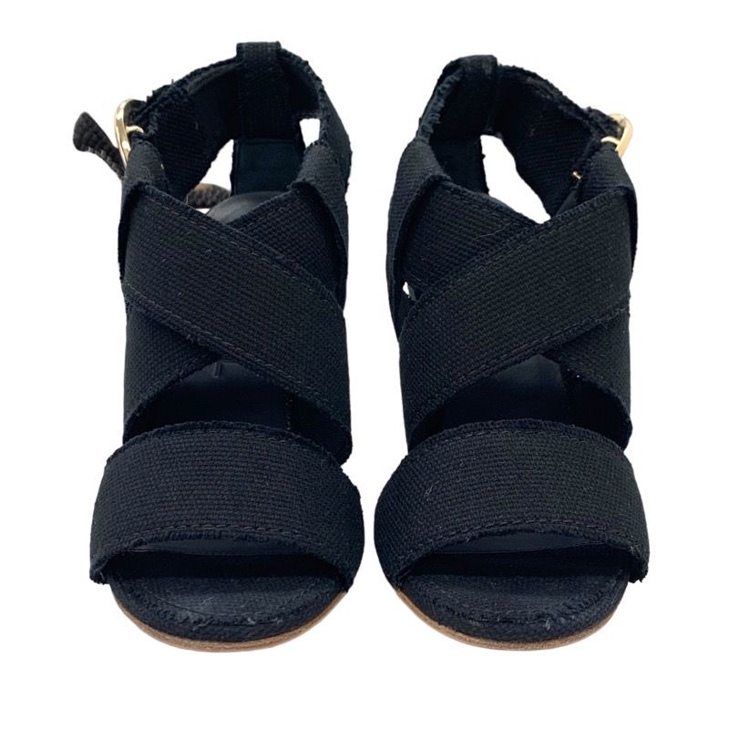 Chanel Sandals Shoes Canvas Black Gold Here Mark Wedge Sole