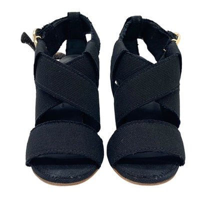 Chanel Sandals Shoes Canvas Black Gold Here Mark Wedge Sole
