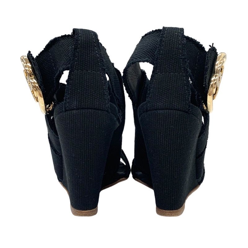 Chanel Sandals Shoes Canvas Black Gold Here Mark Wedge Sole